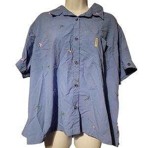 Columbia Women 2X Blue Flamingo Palm Tree Embroidered Button Up Shirt FW7097